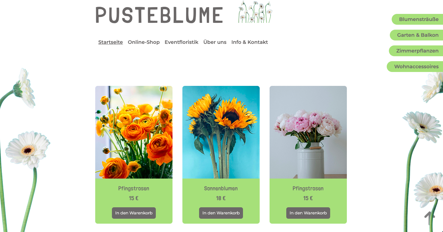Beispiel Website eines Blumengeschäfts zeigt Screenshot der Seite Onlineshop mit Blumensträußen