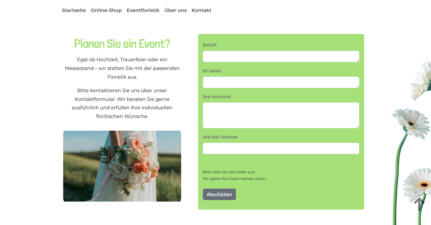 Beispiel Website eines Blumengeschäfts zeigt Screenshot der Seite Eventfloristik mit Kontaktformular